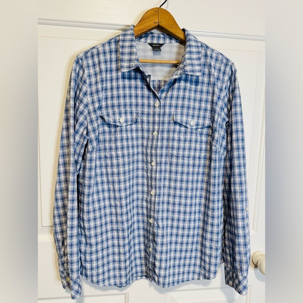 Eddie Bauer Blue and White Plaid Button Down Shirt